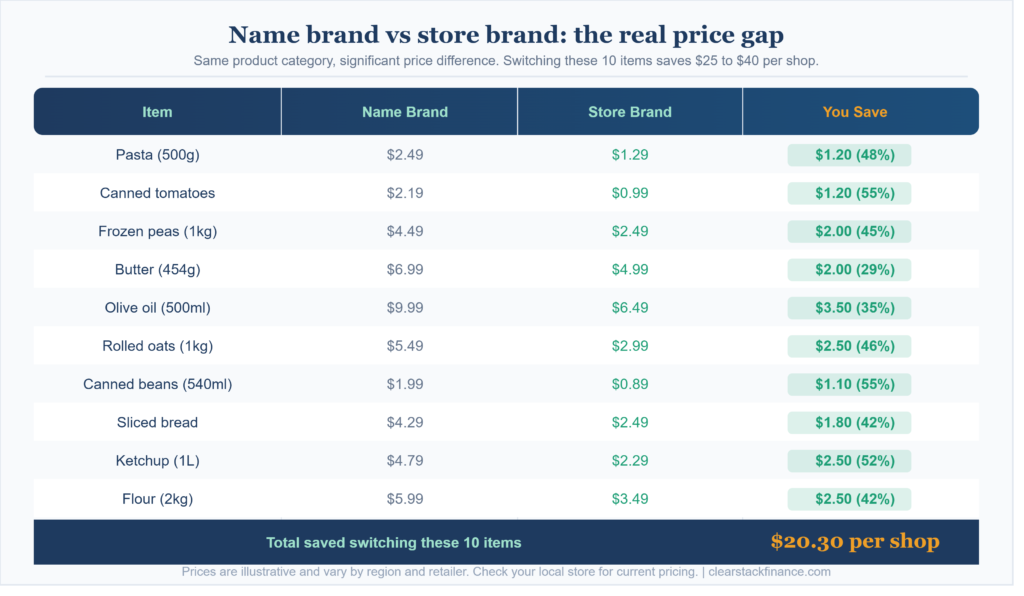 name brand vs store brand grocery price comparison table