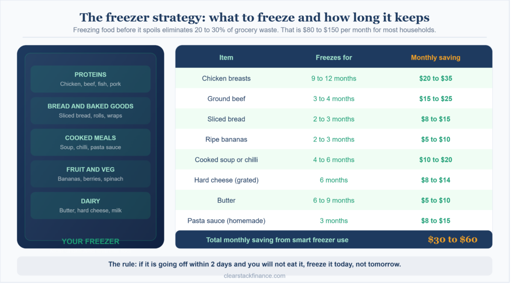 freezer strategy guide showing what to freeze and how long it keeps