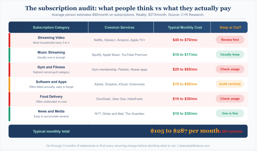 subscription audit tracker showing monthly costs by category