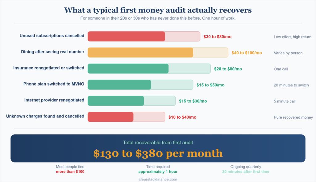 money audit results showing monthly savings breakdown by category