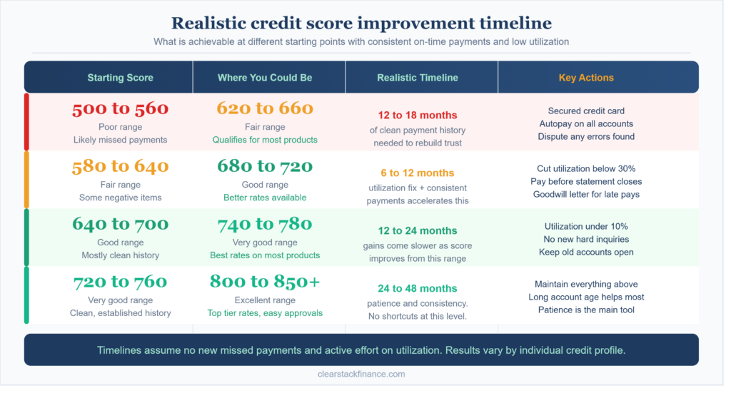 realistic credit score improvement timeline by starting range