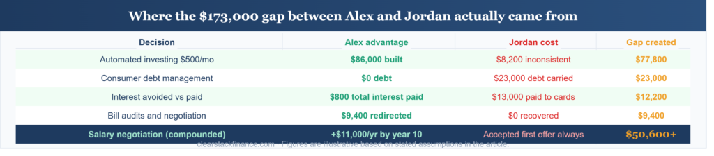 same salary different net worth gap breakdown by decision